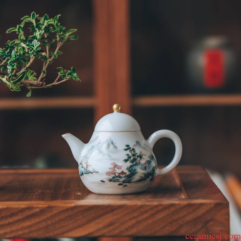 Lane. Jingdezhen pure manual pastel hand - made scenery small pear pot teapot kung fu tea set