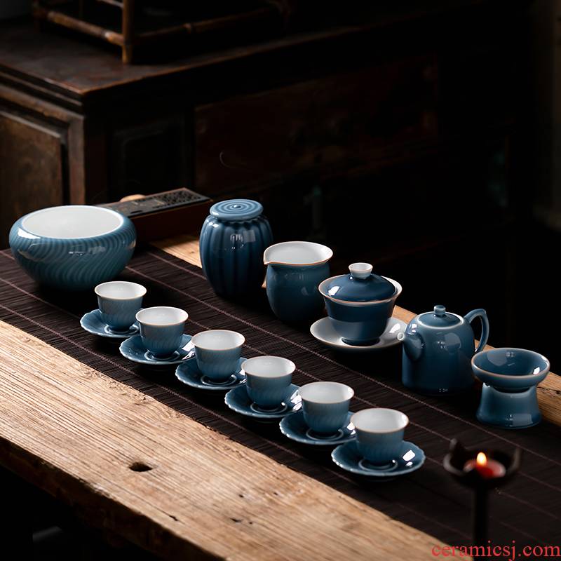 Fujian chong ji blue glaze kung fu tea set suit Japanese household ceramics 3 tureen teapot tea pot of a complete set of cups