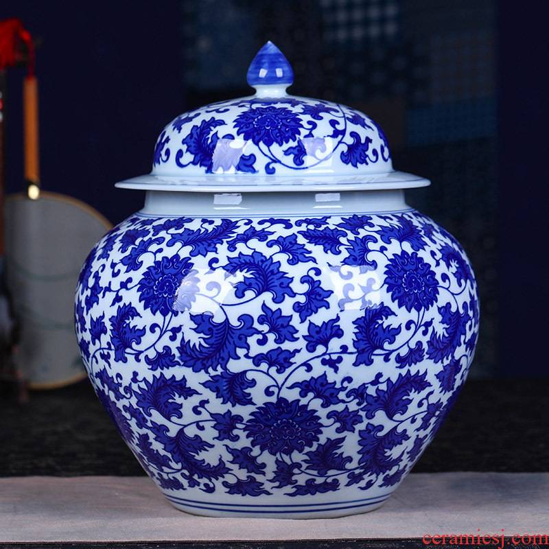 Large ceramic green tea, black tea pu - erh tea canister antique Chinese blue and white porcelain is classical sitting room place pot storage tank