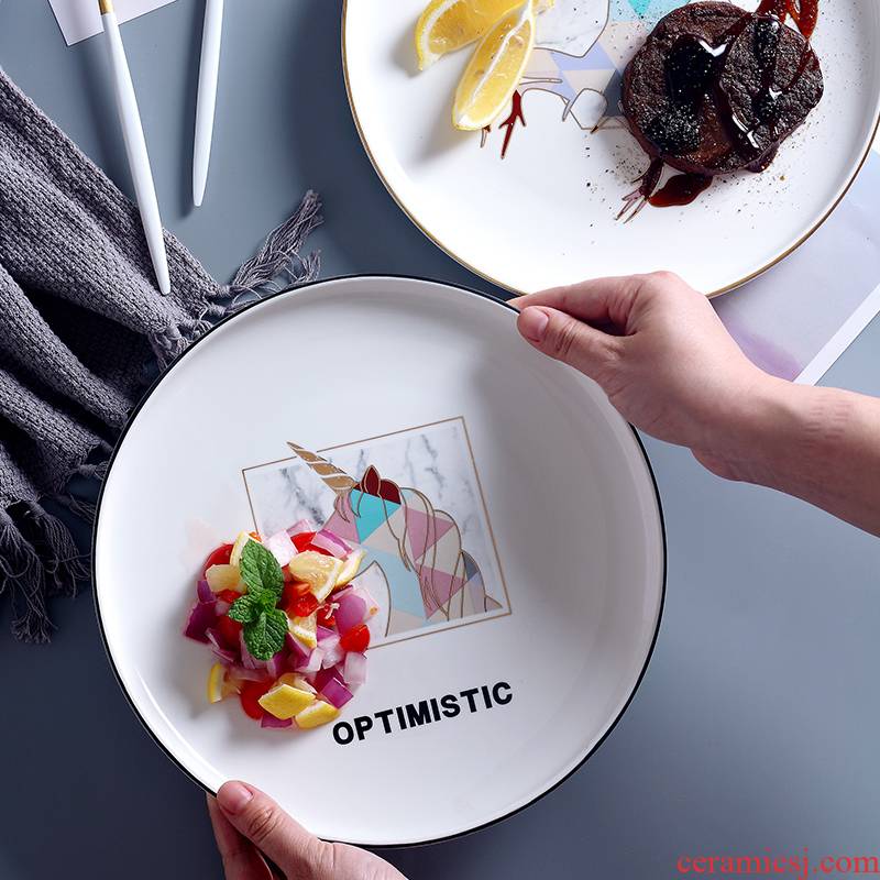 Nordic steak dinner plate plate flat dish plate household creative web celebrity tableware ceramic plate round breakfast tray