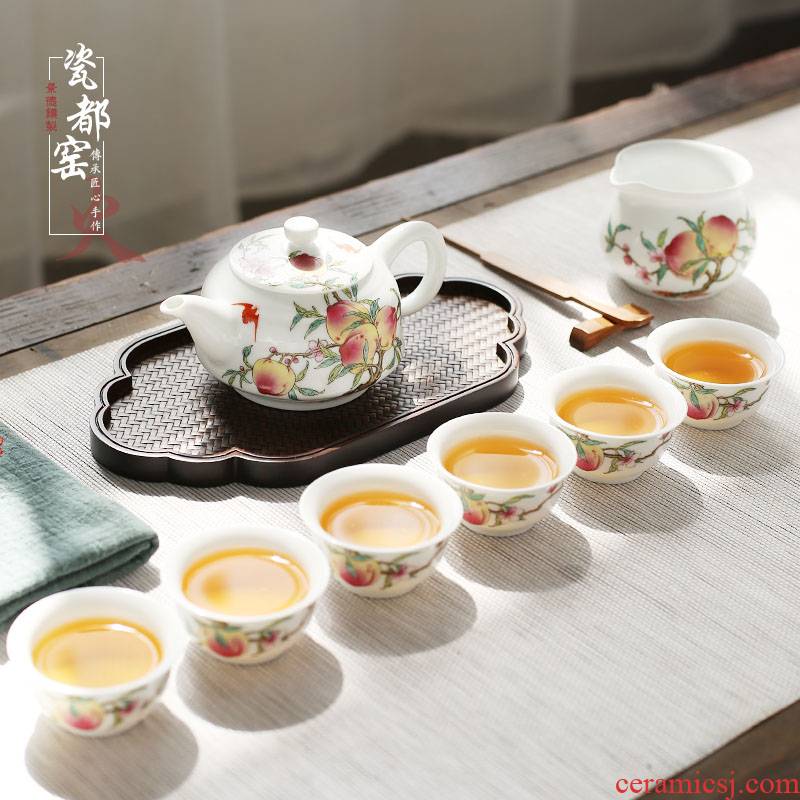 Jingdezhen hand - made teapot 6 small household famille rose tea set ceramic kung fu tea cup of a complete set of restoring ancient ways