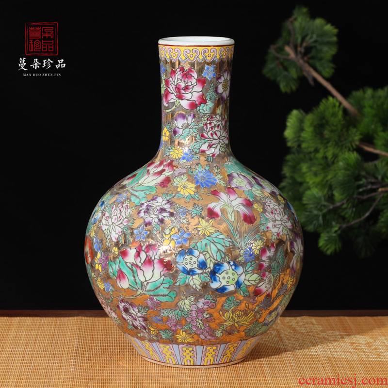 Jingdezhen hand - made famille rose flower display mesa high - grade prosperous powder enamel vase vase golden golden crane
