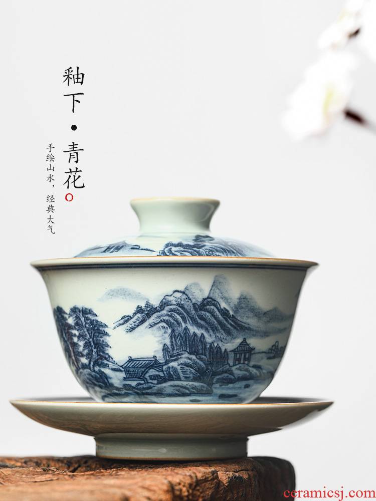 Jingdezhen blue and white only three tureen tea ware kongfu tea cup single use prevent hot pure manual hand - made of scenery