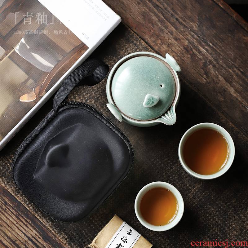 ShangYan celadon crack cup a pot of two cups of portable travel tea set 2 people travel kung fu tea cups