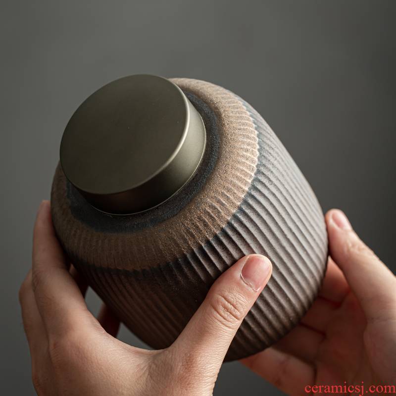 Coarse pottery stripe caddy fixings Japanese vintage tin lid seal pot creative household moistureproof black tea tea POTS
