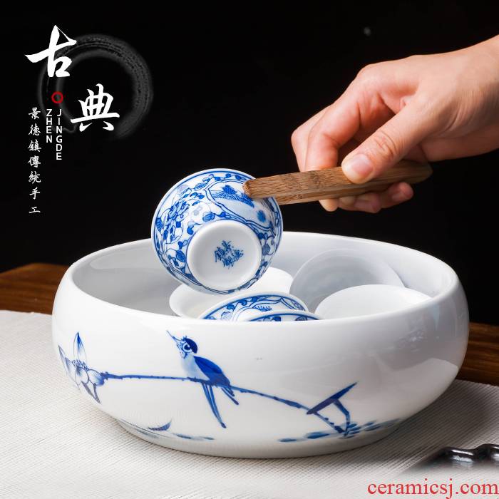 Jingdezhen up the fire which hand - made ceramic large tea to wash to the writing brush washer from blue and white porcelain tea set accessories to wash a cup of water to wash