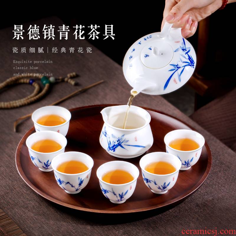 Jingdezhen up the fire which is blue and white porcelain teapot teacup kung fu suit six hand - made ceramic tea set office