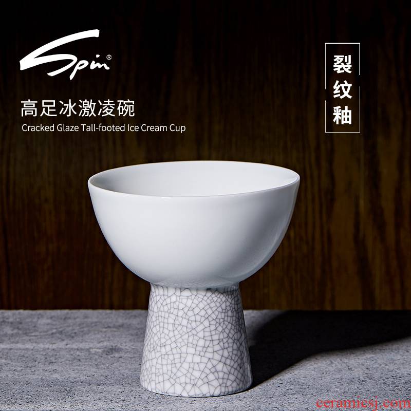 Spin crackle footed bowl ceramic creative household ice cream bowl dessert pudding bowl bowl of ice crack tall bowl