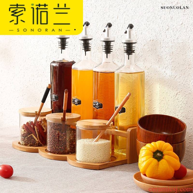 Glass oil can clear household kitchen tank capped vinegar bottle suit stainless steel oil can prevent the leakage of bamboo base