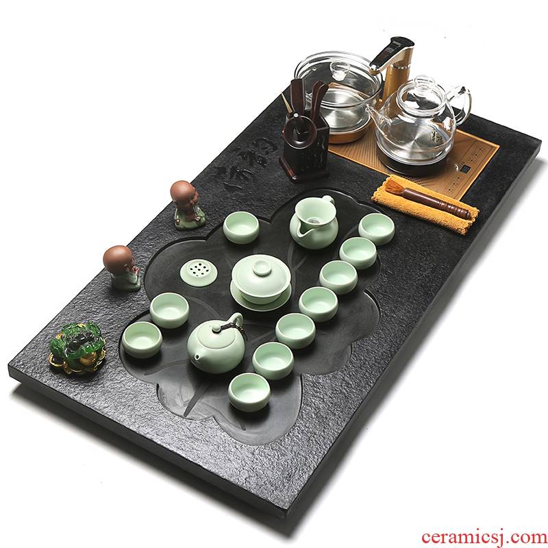 True to sharply stone tea tray tea suit household whole tea four unity induction cooker glass automatic kung fu