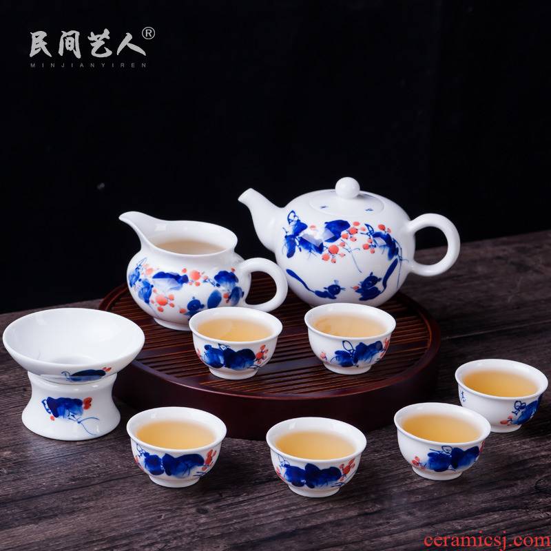Hand the blue and white porcelain jingdezhen ceramic tea set suit household kung fu tea tea, tea cups of a complete set of POTS