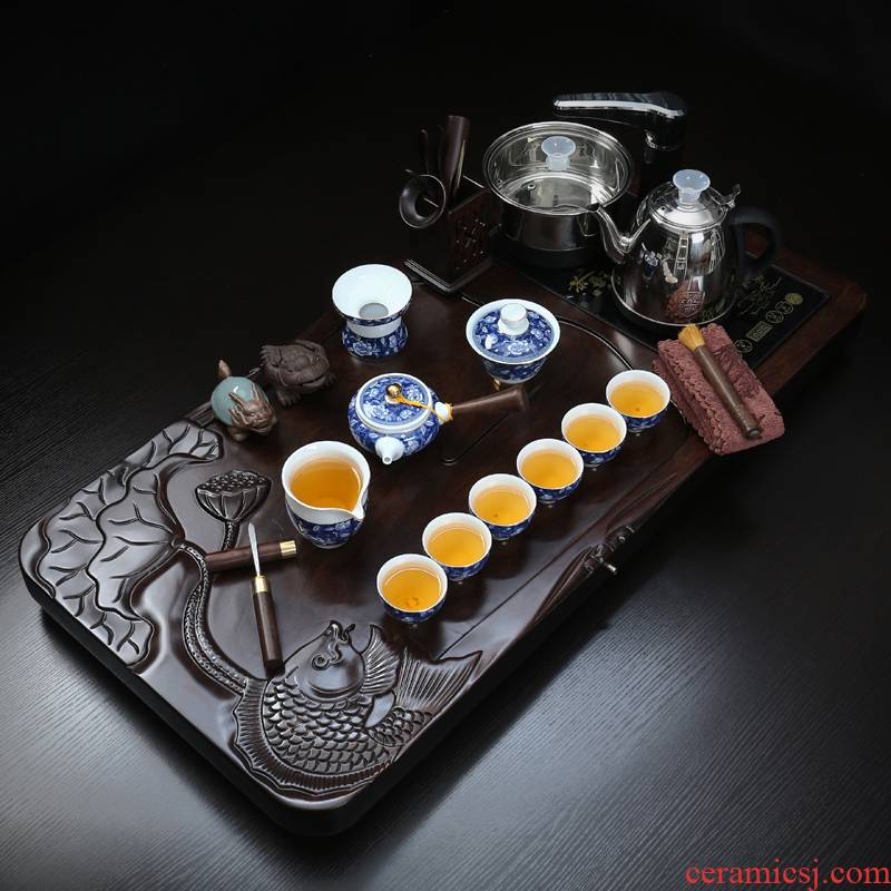 True sheng ebony wood tea tray tea set kung fu tea cups home a complete set of automatic teapot tea taking