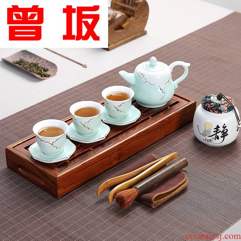 Once sitting portable travel car blue and white porcelain ceramic kung fu tea sets wood hua limu dry tea tray