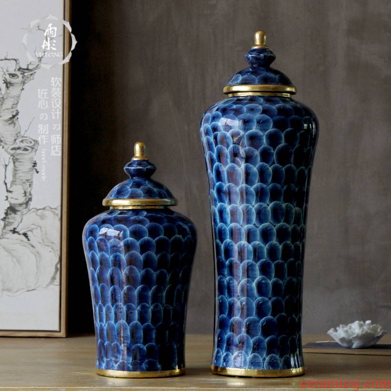 Rain tong household paint edge creative blue with cover | jingdezhen ceramics ceramic pot sitting room porch place porcelain
