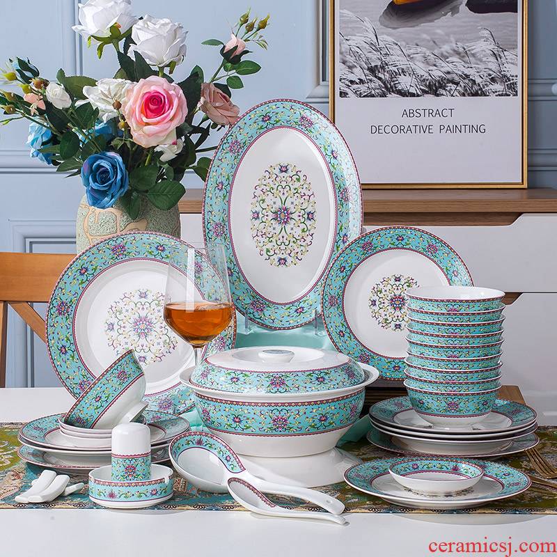 Jingdezhen ceramic tableware suit American dishes suit household bowls of ipads plate of Chinese famille rose 56 head is small