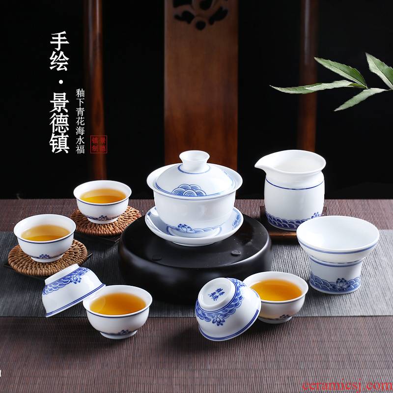 Jingdezhen up the fire which kung fu tea set a complete set of hand - made of ceramic tureen of blue and white porcelain teapot home outfit