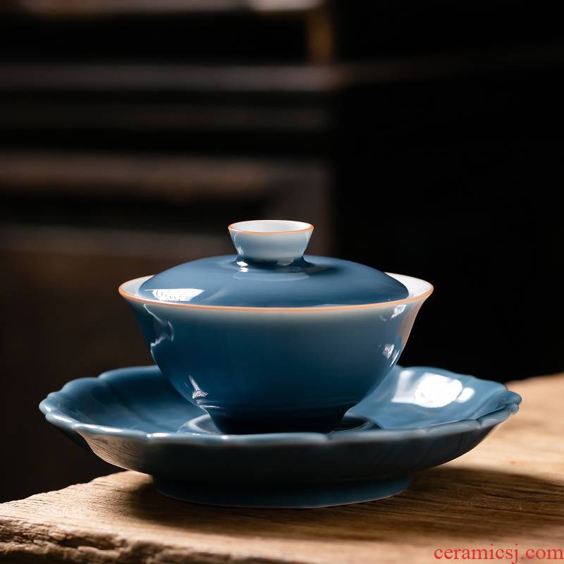 Fujian only three in tureen ceramic cups ji blue glaze craft large single tea bowl household kung fu tea set
