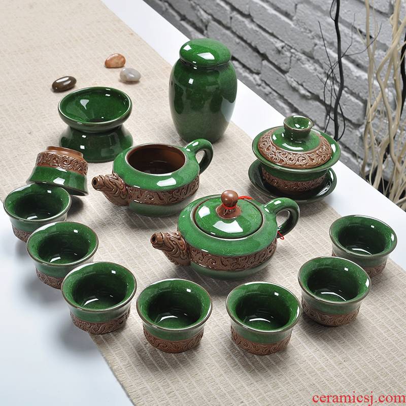 Art of a complete set of ice to crack kung fu tea set suits for relief dragon family teapot tea tureen tea caddy fixings
