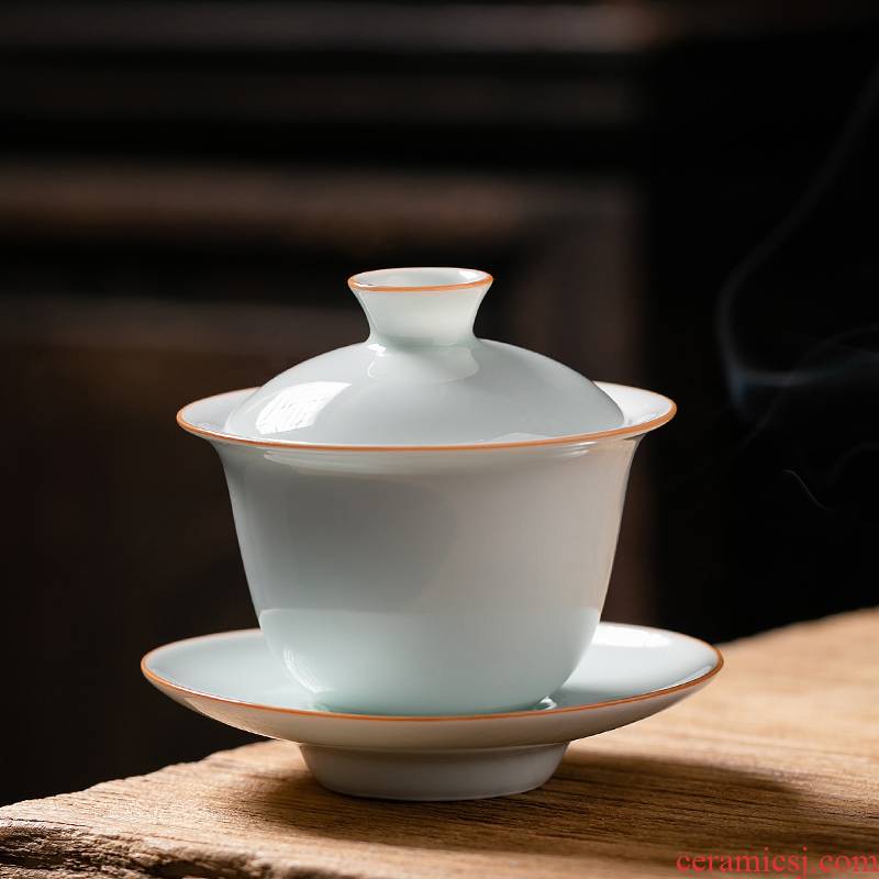 Fujian tureen ceramic film green household size within three to make tea bowl bowl of a single office kung fu tea cups