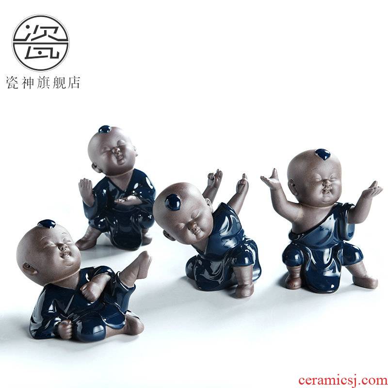 Ji blue glaze porcelain god the young monk kung fu boy ceramic pet furnishing articles manually zen tea play kung fu tea tea accessories