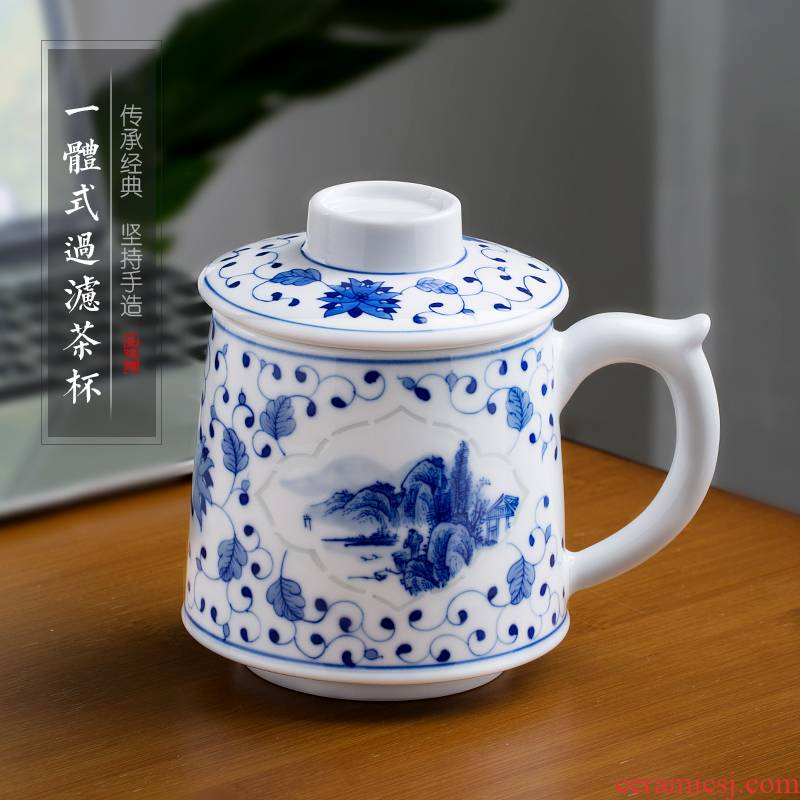 Jingdezhen up the fire which hand - made filter tea cups of large capacity and exquisite blue and white porcelain office keller ceramics
