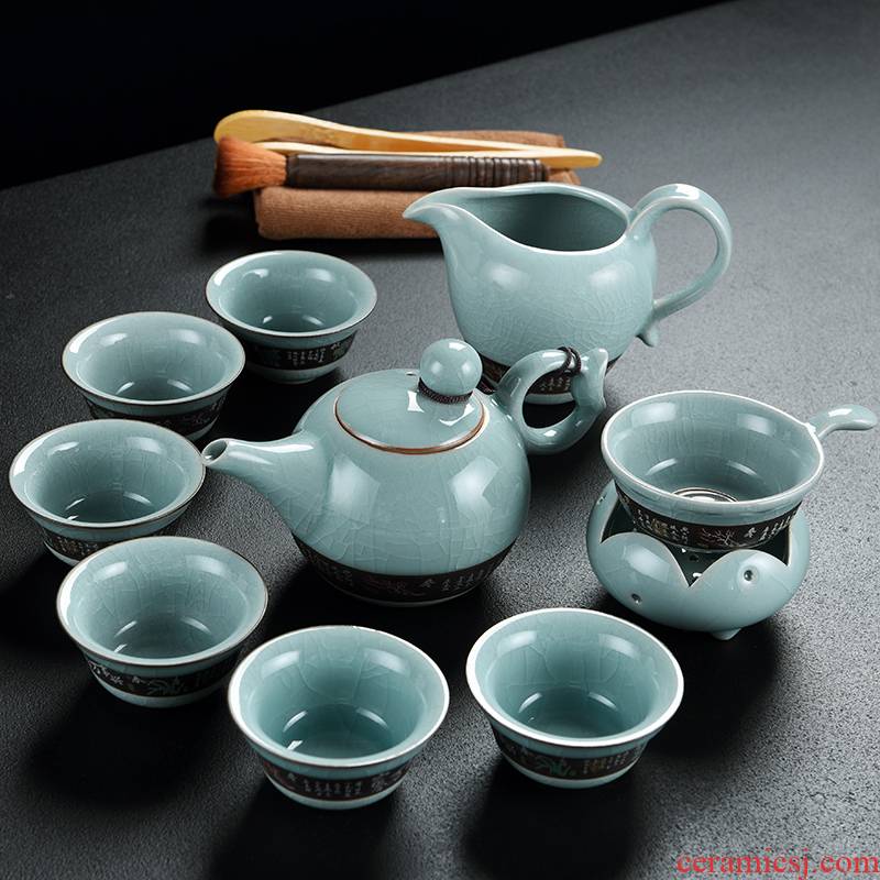 Old elder brother up at the grid slicing ceramics kung fu tea set narrow lid bowl of a complete set of tea cups of tea pot set