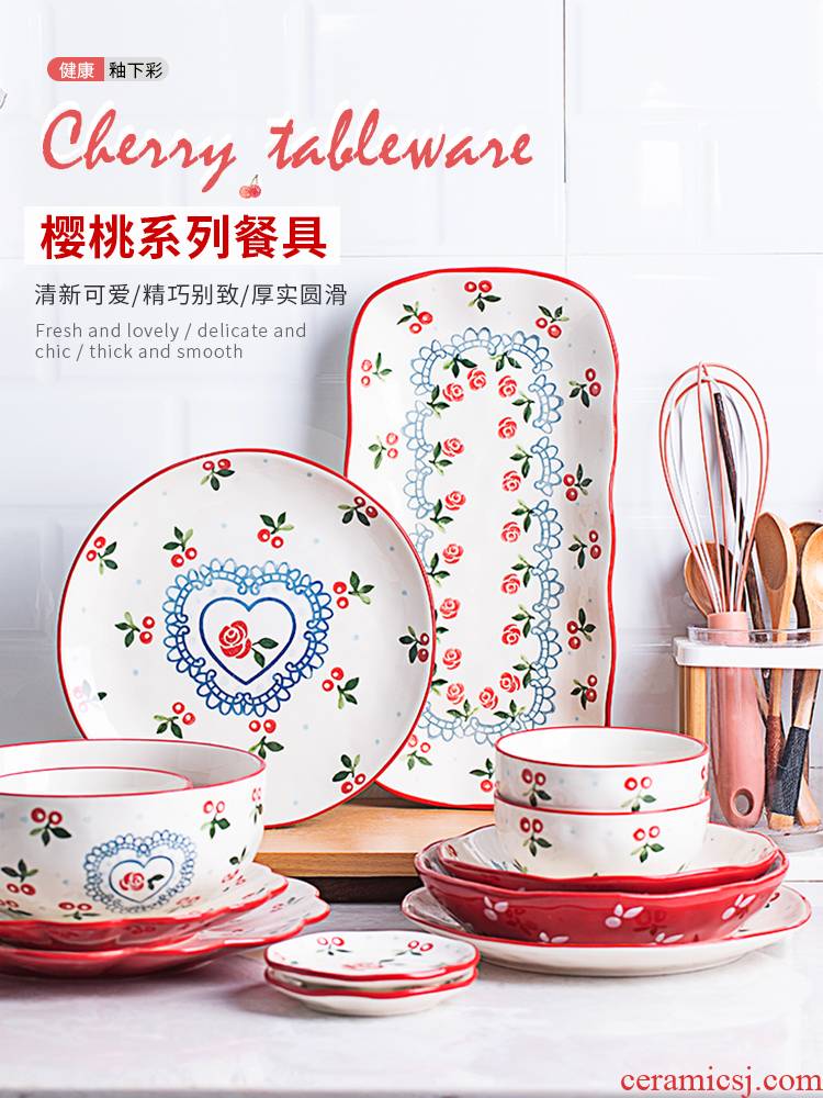 Japanese cherry dishes suit household lovely creative web celebrity 0 dishes the ceramic bowl chopsticks tableware portfolio