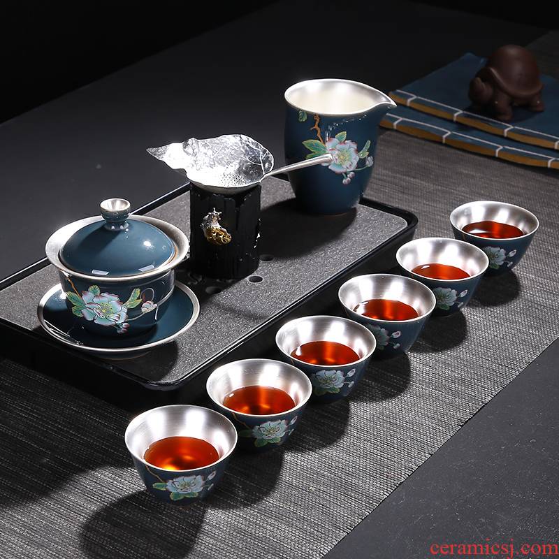 Morning high ceramic coppering. As silver kung fu tea set colored enamel coppering. As silver tureen teapot tea cup gift box master CPU
