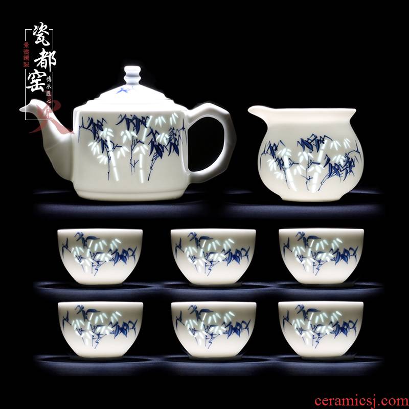 High - grade kung fu tea set ceramic teapot household jingdezhen blue and white exquisite Chinese teacups hand - made tea set