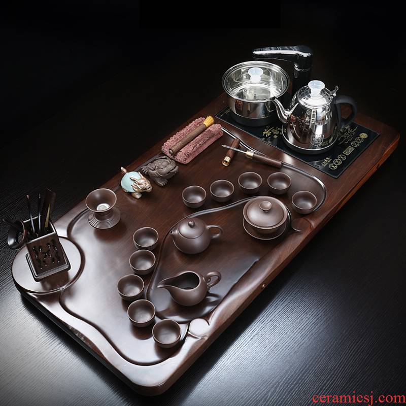 True sheng ebony wood tea tray tea set automatic induction cooker kung fu tea tea tea set