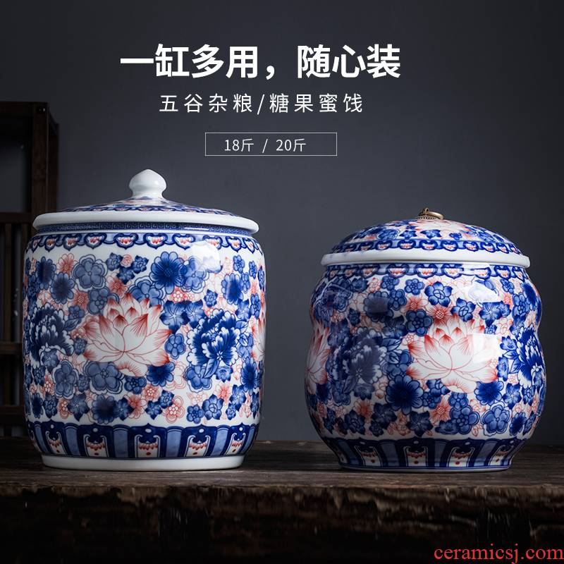 Jingdezhen ceramic barrel ricer box rice flour storage bin 20 jins home moistureproof insect - resistant rice jar with cover seal the bucket