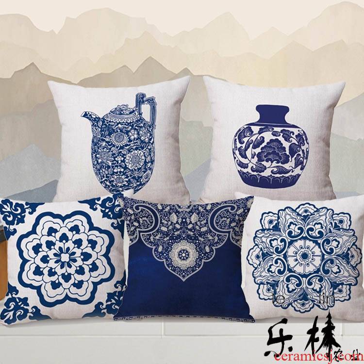 Chinese blue and white porcelain cotton and linen pillow annatto sitting room sofa as for leaning on pillows on the back of the head of a bed of classical Chinese style tea room