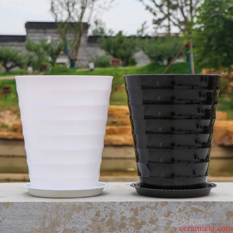 Oversized thickening capacity of black and white thread flowerpot circular resin imitation ceramic plastic tray was green plant POTS