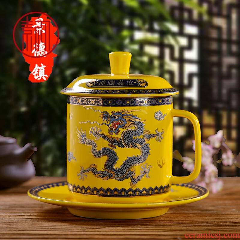 Element at the beginning of jingdezhen ceramic cups dragon glass ceramic three - piece with the cover individual cup tea cup home office meeting