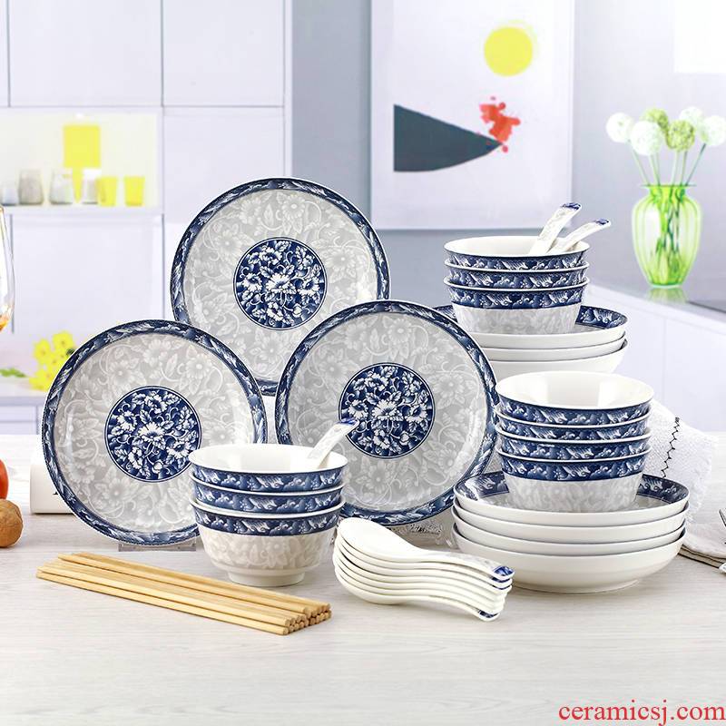 Under the glaze color dishes suit household ceramic dish dish bowl chopsticks combination of blue and white porcelain tableware suit to microwave ovens
