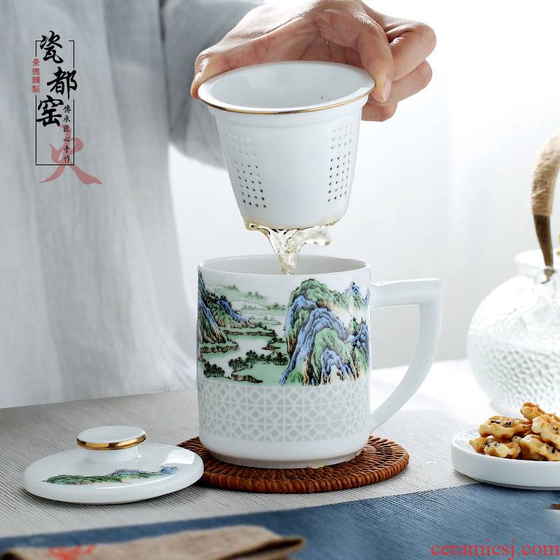 Jingdezhen up the fire which ceramic tea cups separation filter with a lid office home tea cup