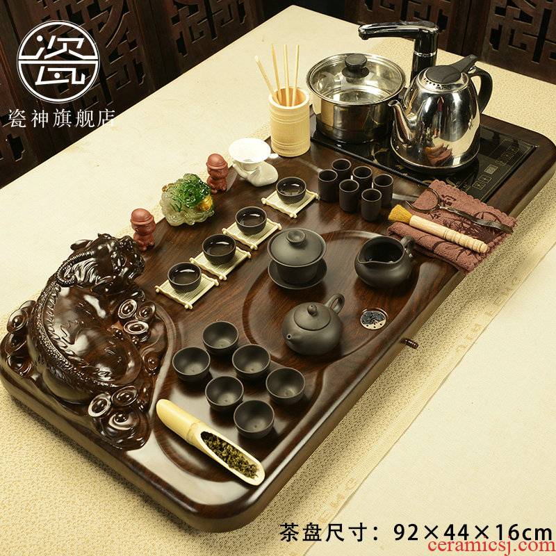 Porcelain god technology wood tea tray was kung fu tea set home purple sand tea set four unity electric magnetic furnace tea tea table