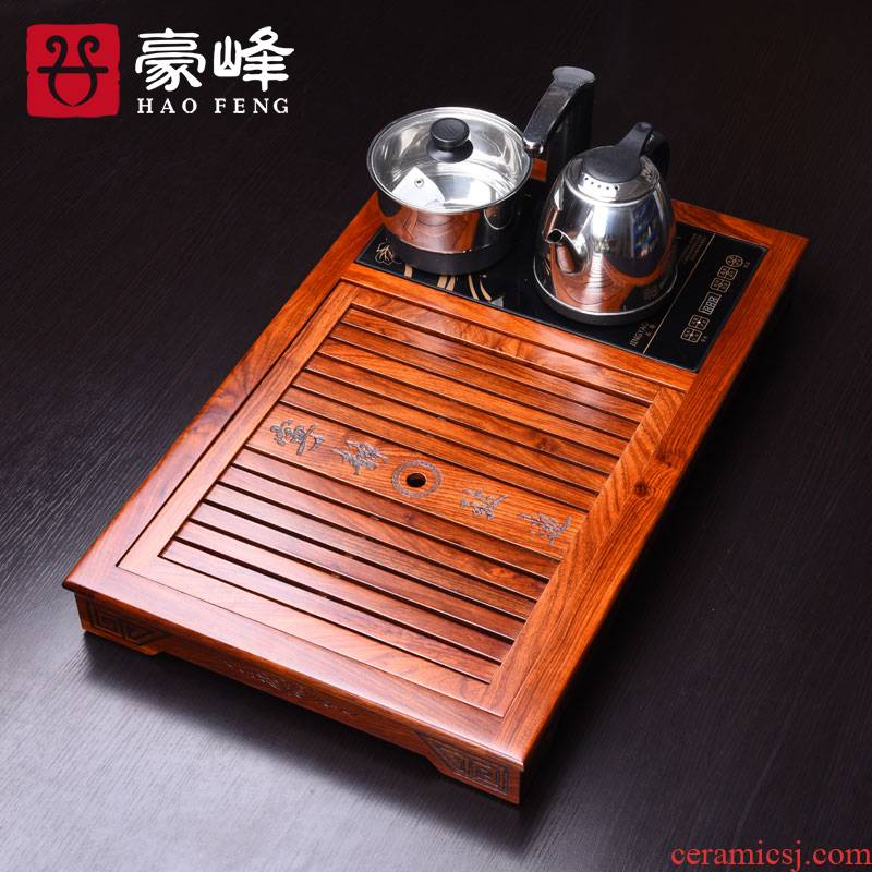 HaoFeng rosewood wood tea tray tea saucer sea drainage tea table set four blocks and electric heating furnace