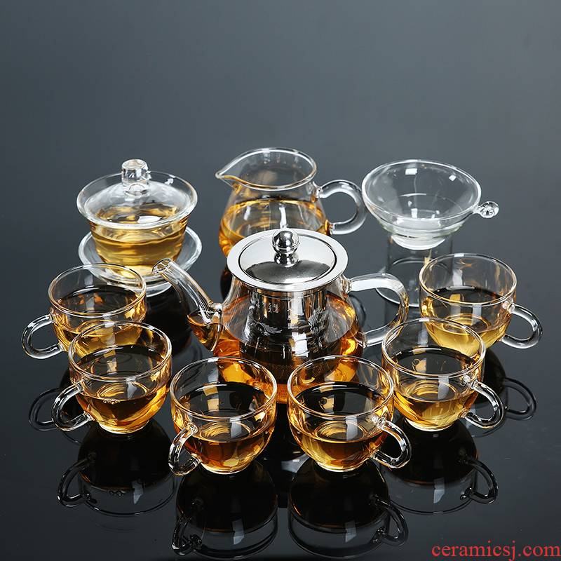 Transparent kung fu tea cup teapot glass tea set suit household double - layer cup of black tea tea to implement a complete set of the teapot