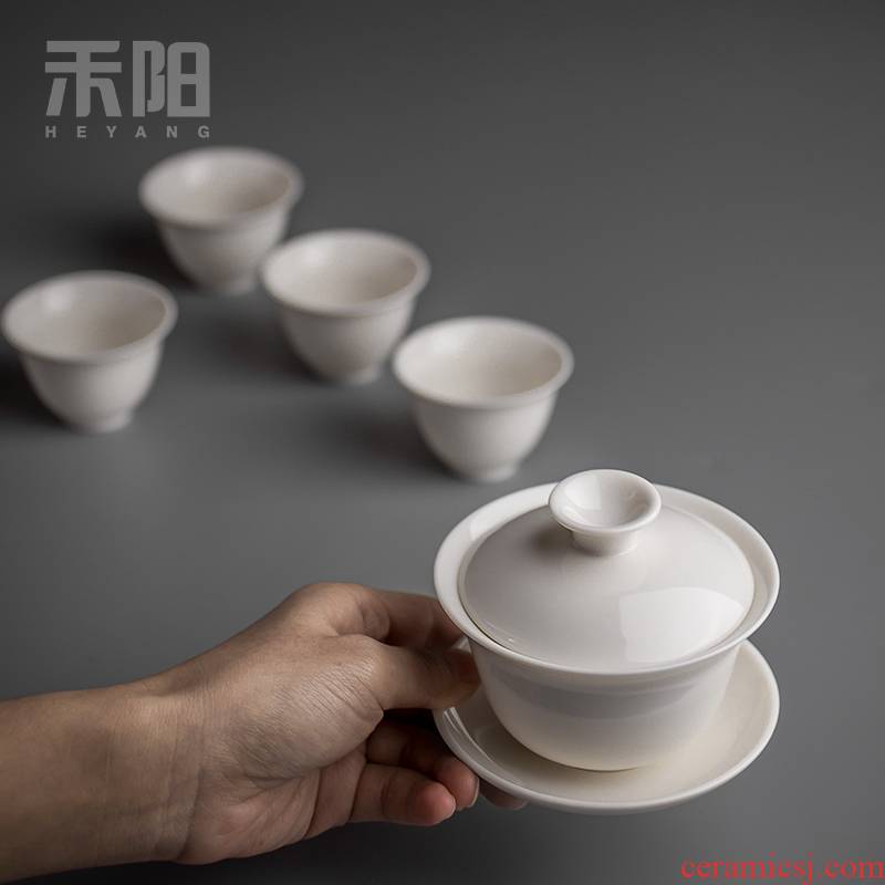 Send Yang dehua white porcelain tureen kung fu tea set ceramic bowl three tureen tea cups of household size