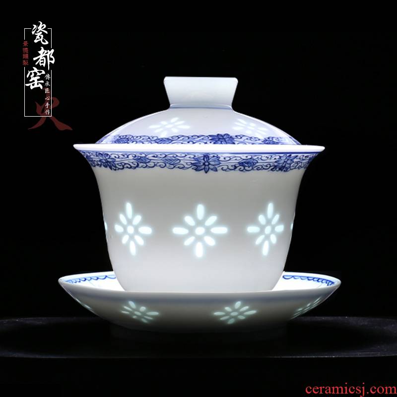 Jingdezhen up the fire which is hand draw three GaiWanCha only blue and white and exquisite porcelain cup single tea bowl of kung fu tea set