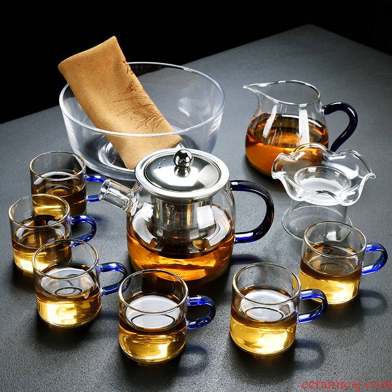 Old kung fu tea set at the grid suit household contracted and I high - temperature thickening glass teapot teacup tea tray type