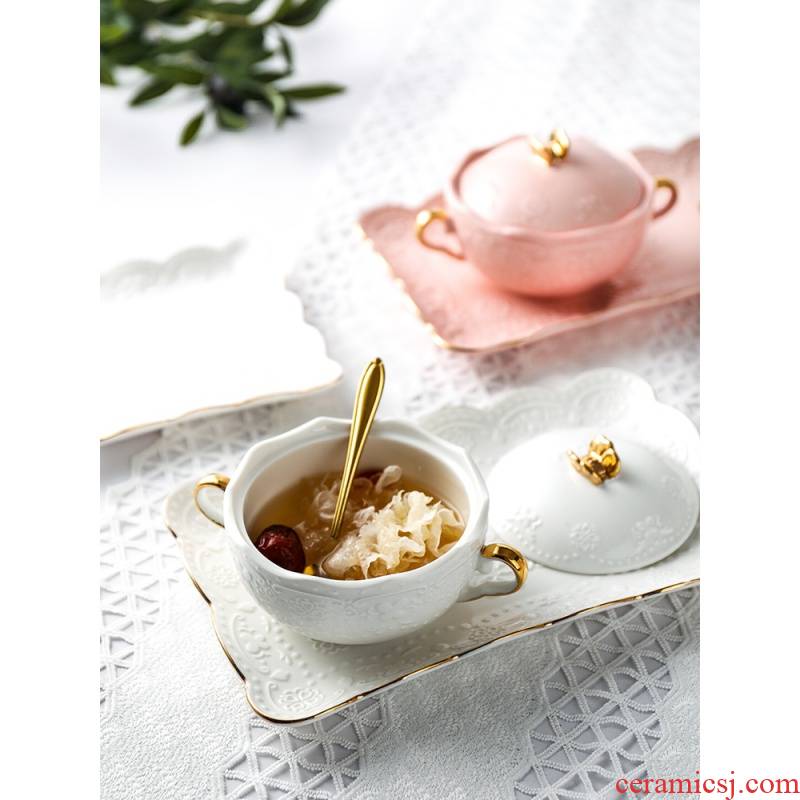 European bird 's nest small ceramic bowl Jin Bianshuang ears steamed egg bowl dessert sugar water bowl with cover suit shark fin soup tremella soup bowl