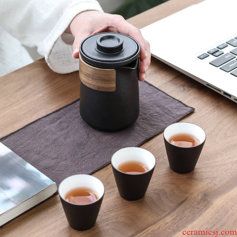 Poly real (sheng, black pottery to crack a pot of hot ceramic prevention three glass portable travel kung fu tea set contracted