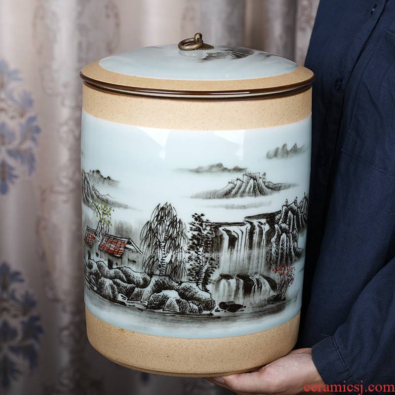 Shadow green landscape straight ceramic tea pot seal moisture large household storage coarse pottery tea barrel