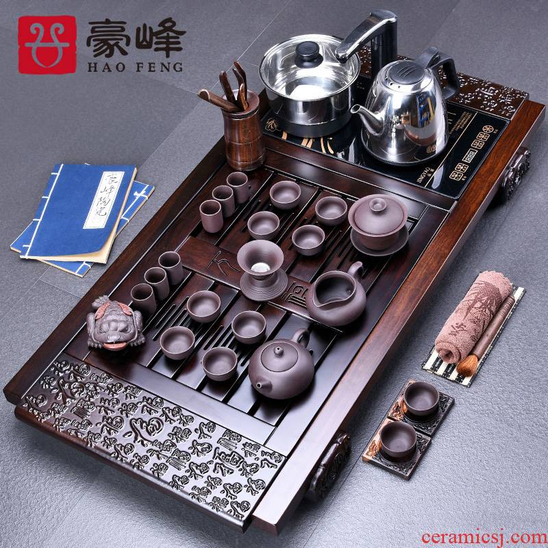 HaoFeng ebony wood tea tray ceramic gifts sets of a complete set of violet arenaceous kung fu tea set with four unity of electrical appliances