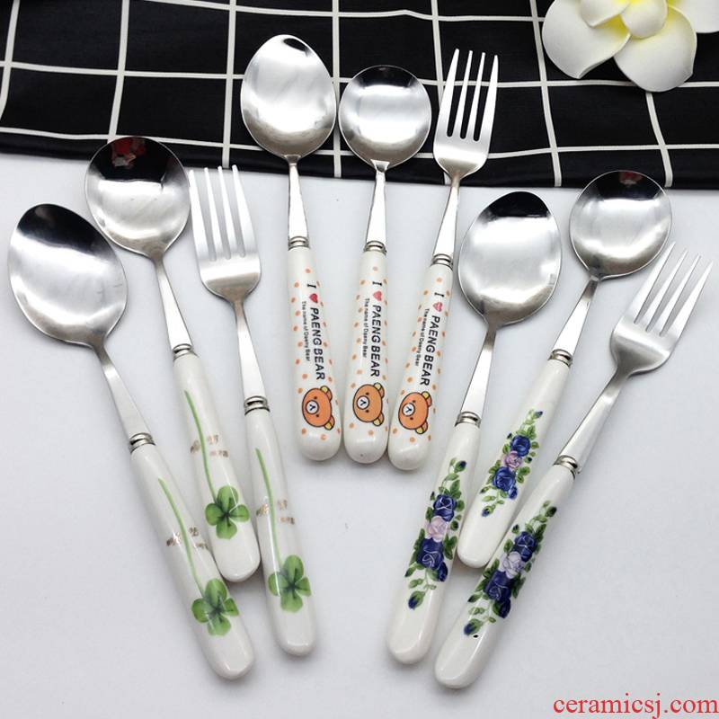 Ceramic handle stainless steel spoon spork creative lovely long handle chopsticks stir coffee spoon run spoon ladle spoons