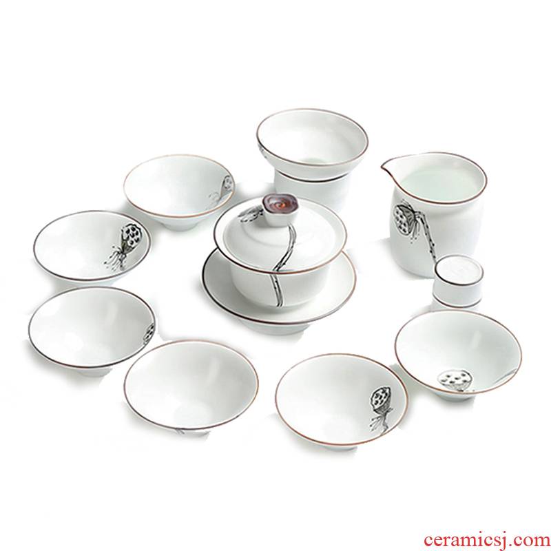 True sheng exquisite hand - made kung fu tea set up a set of inferior smooth white fat thin foetus tureen of a complete set of tea cups