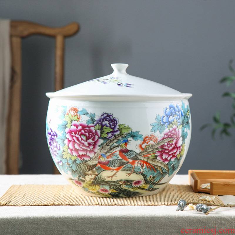 Jingdezhen ceramic barrel with cover household ricer box insect - resistant seal storage tank cylinder 5 jins of 10 jins 20 jins