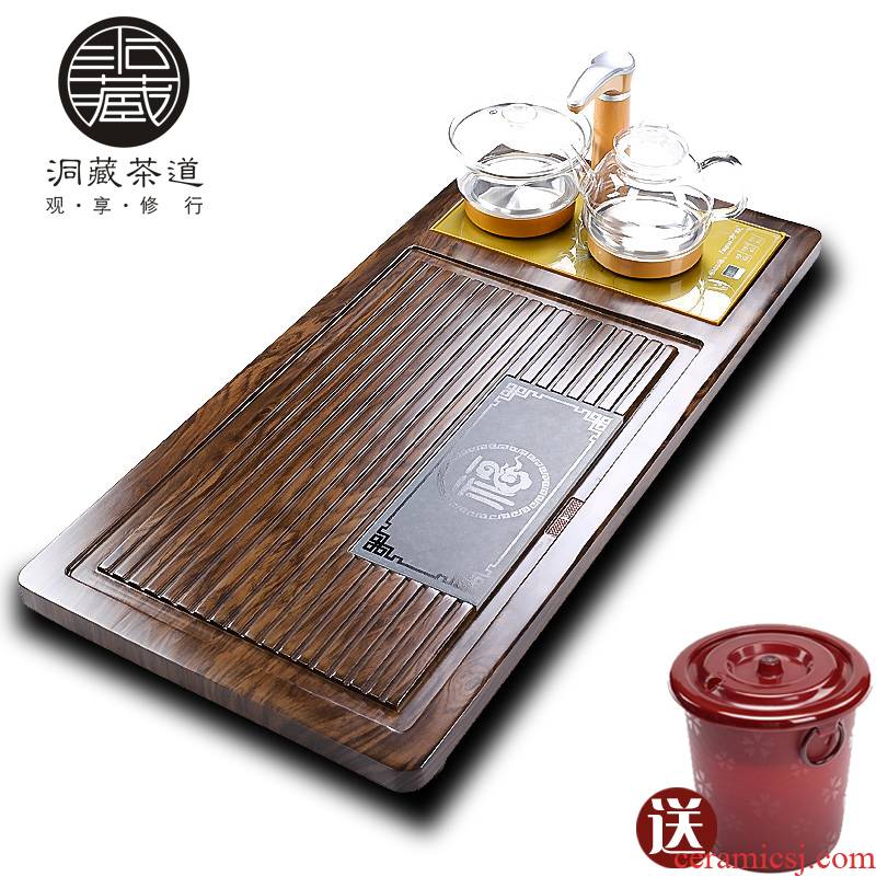 In building automatic tea suit household contracted sitting room kung fu solid wood tea tray tea sets of induction cooker